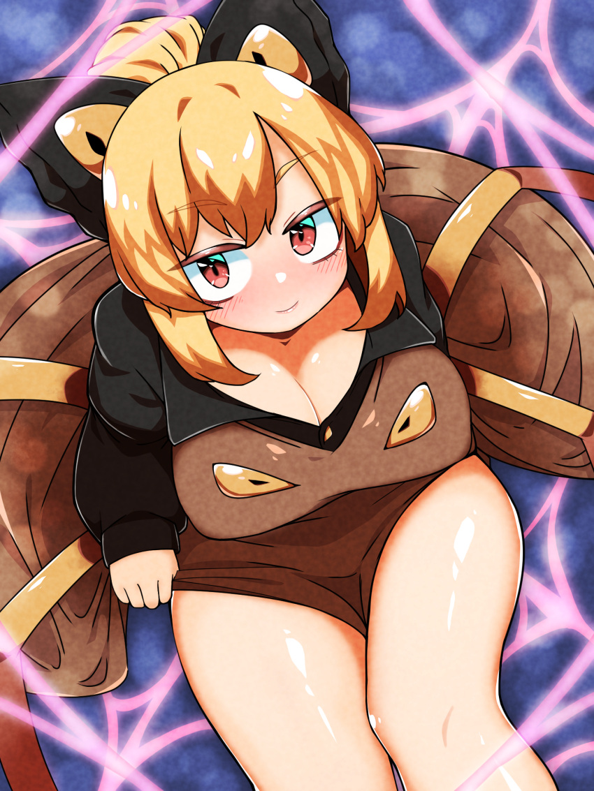 1girl bangs black_bow black_shirt blonde_hair blue_background blush bow breasts brown_dress cleavage closed_mouth commentary_request dress feet_out_of_frame from_above hair_bow hair_bun highres kurodani_yamame large_breasts long_sleeves looking_at_viewer pinafore_dress red_eyes rinyamame shiny_skin shirt short_hair silk sitting smile solo spider_web thighs touhou