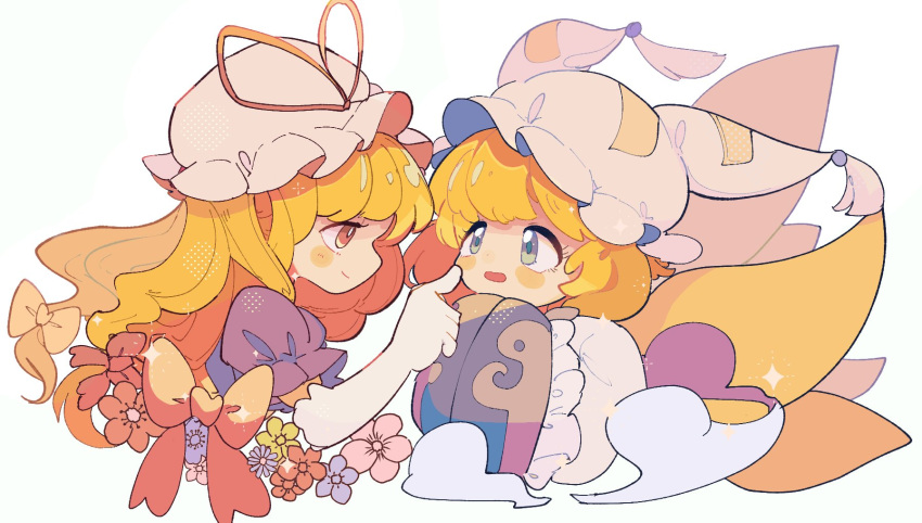 2girls animal_ears blonde_hair dress elbow_gloves flower fox_ears fox_tail gloves grey_eyes hands_in_opposite_sleeves hat hat_ribbon highres long_hair mob_cap multiple_girls multiple_tails orange_flower pink_flower puffy_short_sleeves puffy_sleeves purple_dress purple_flower red_ribbon ribbon rune066 short_hair short_sleeves simple_background sleeves_past_fingers sleeves_past_wrists tail touhou white_background white_gloves white_headwear wide_sleeves yakumo_ran yakumo_yukari yellow_eyes yellow_flower