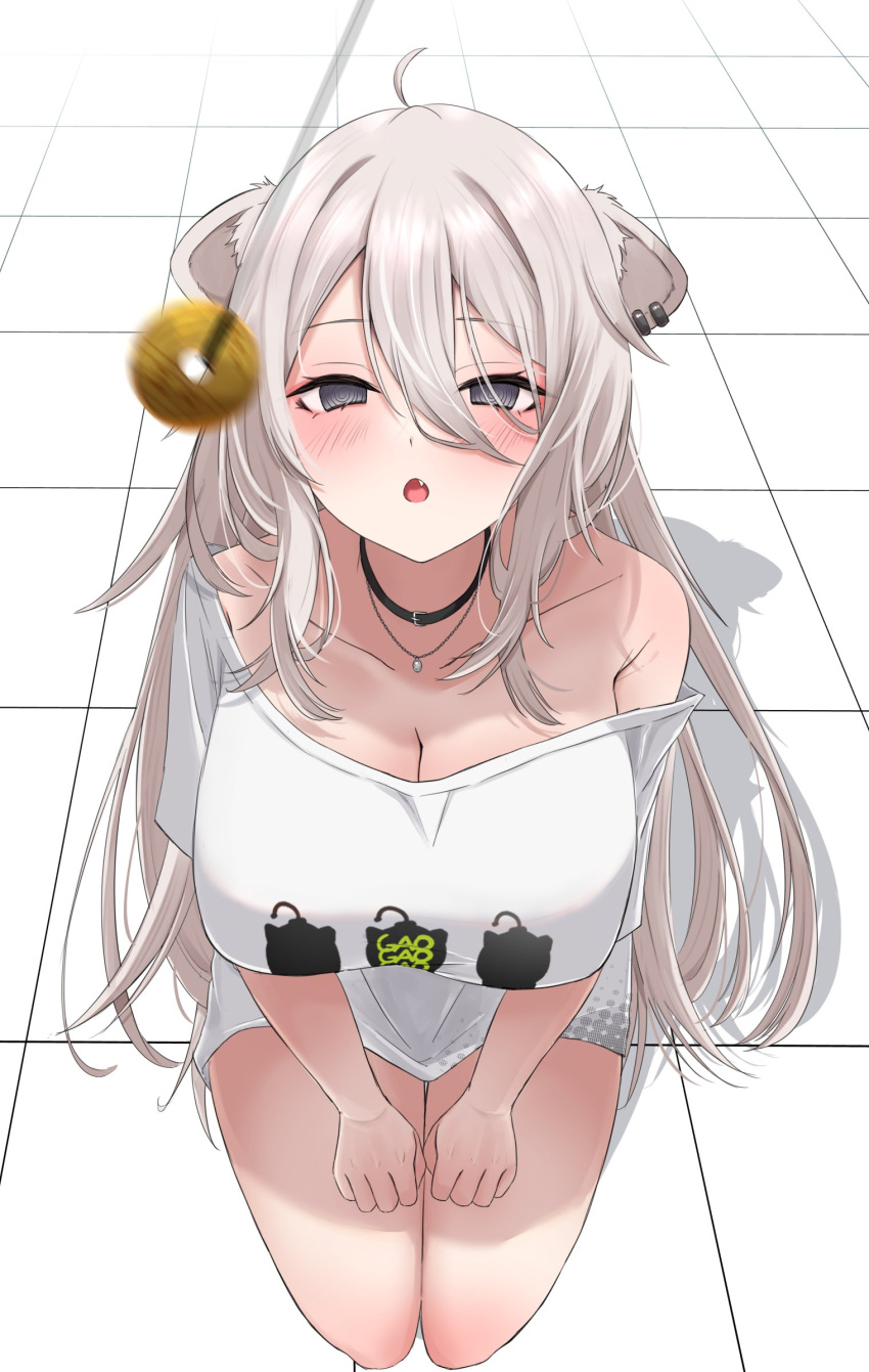1girl :o @_@ ahoge animal_ears bare_shoulders black_choker blush breasts choker cleavage coin collarbone commentary_request ear_piercing fang full_body grey_eyes grey_hair hair_between_eyes hands_on_own_thighs highres holed_coin hololive jewelry large_breasts lion_ears lion_girl long_hair necklace nerorigogo off_shoulder open_mouth pendulum piercing seiza shirt shishiro_botan sidelocks sitting solo t-shirt tile_floor tiles virtual_youtuber white_shirt