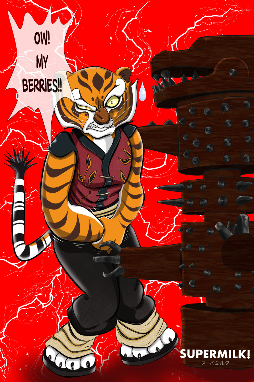 absurd_res anthro crossed_legs dreamworks felid feline female female_focus fur genital_torture hi_res holding_crotch kung_fu_panda mammal markings master_tigress orange_body orange_eyes orange_fur pain pained_expression pantherine puffed_tail red_background simple_background solo striped_body striped_markings striped_tail stripes supermilk! tail tail_markings text tiger whiskers