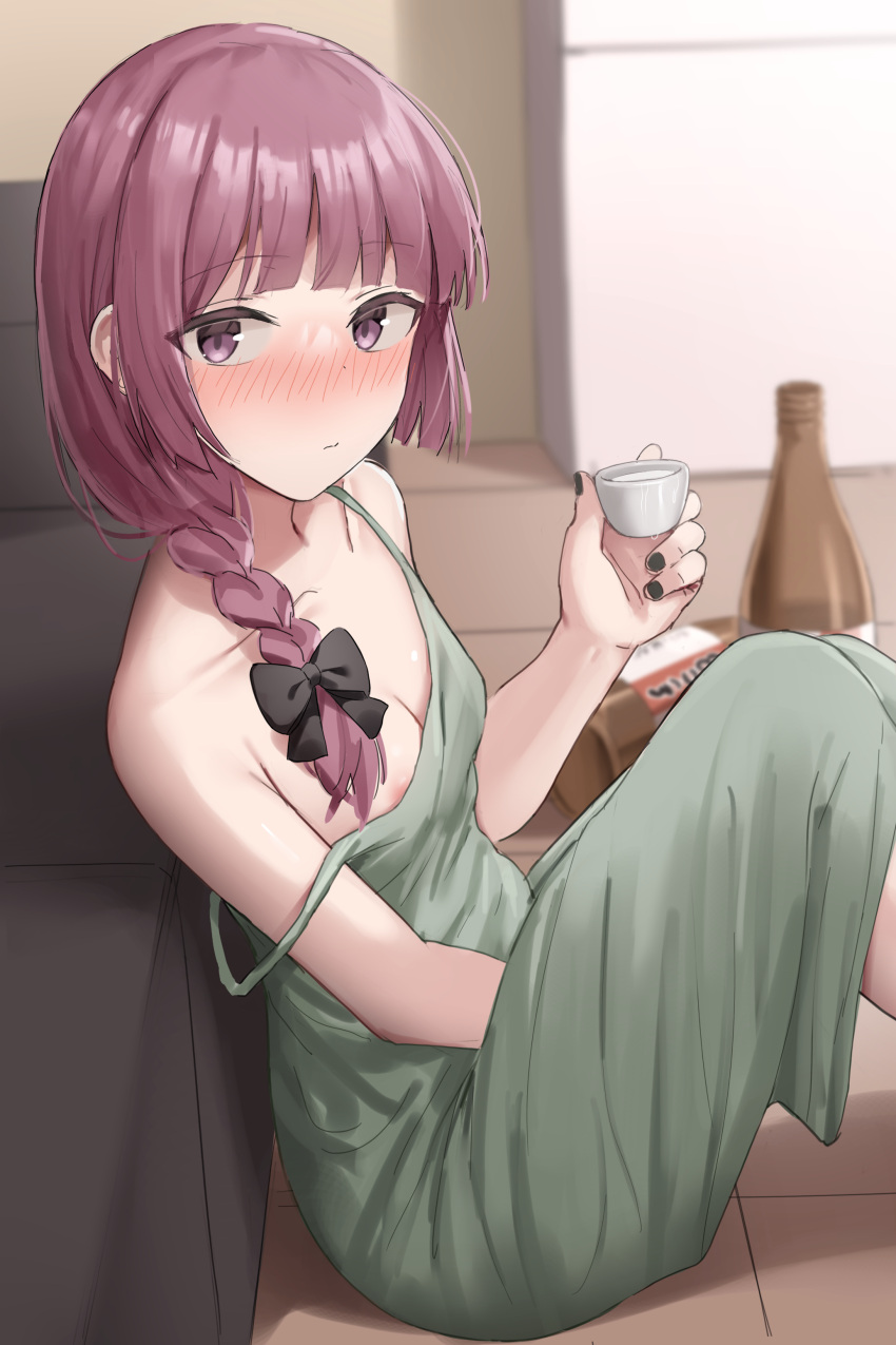 1girl absurdres areola_slip bangs bare_shoulders blunt_bangs blush bocchi_the_rock! bottle braid breasts choko_(cup) cleavage couch cup dress green_dress highres hiroi_kikuri long_hair looking_at_viewer off_shoulder paid_reward_available purple_eyes purple_hair shengtian sitting sleeveless sleeveless_dress small_breasts solo strap_slip