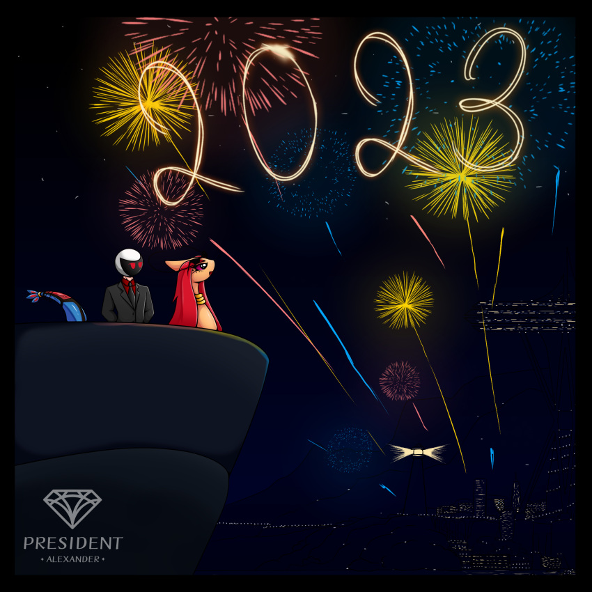 1:1 2023 city clothing duo english_text female feral fireworks generation_3_pokemon gold_(metal) gold_jewelry hair hi_res human jewelry male male/female mammal mila_(president_alexander) milotic night nintendo pokemon pokemon_(species) port pres._alexander president_alexander red_hair suit text vehicle watercraft yacht