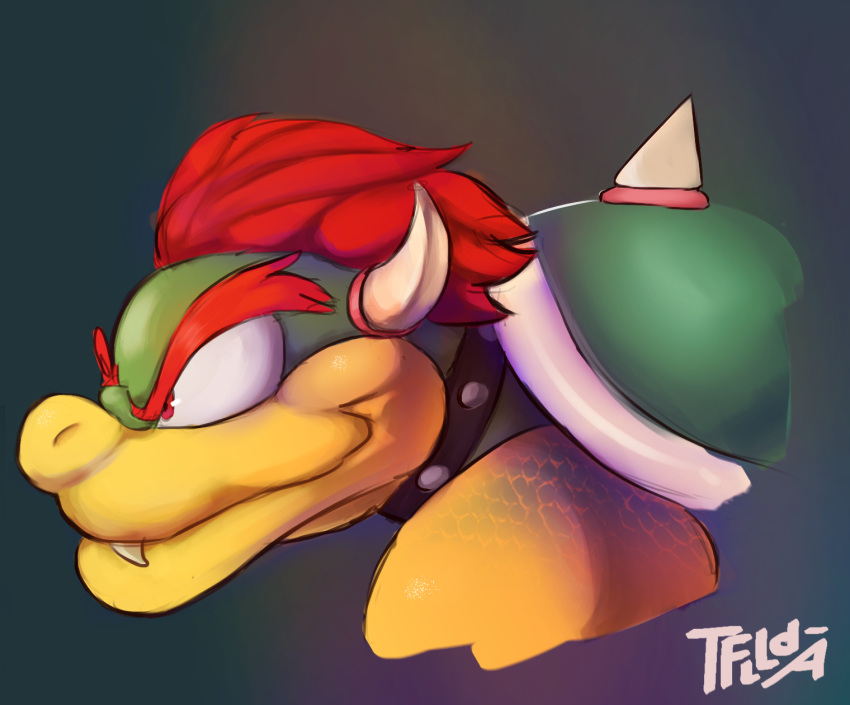 5tflldartist5 artist_name black_pupils bowser closed_smile collar eyebrows fangs glistening glistening_eyes green_body green_skin hair hi_res koopa koopa_shell male mario_bros mouth_closed multicolored_body multicolored_skin nintendo profile_view pupils red_eyebrows red_eyes red_hair scales scalie sharp_teeth shell short_hair side_view signature smile solo spiked_collar spiked_shell spikes spikes_(anatomy) teeth teeth_showing thick_eyebrows turtle_shell two_tone_body two_tone_skin yellow_body yellow_skin
