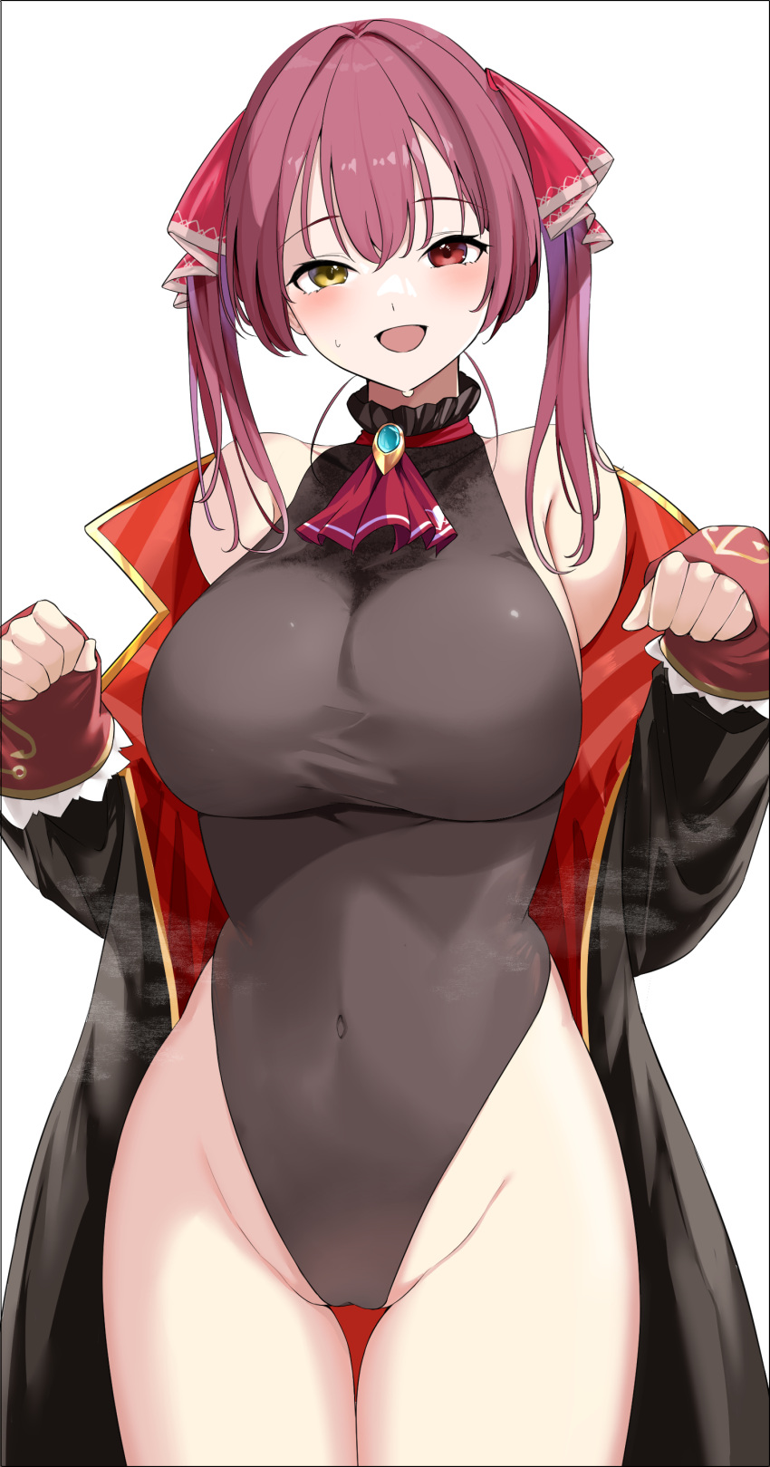 1girl absurdres ascot bangs black_choker black_coat black_leotard breasts brooch cameltoe choker coat covered_navel frilled_choker frills hair_between_eyes heterochromia highleg highleg_leotard highres hololive houshou_marine itamikiko jewelry large_breasts leotard long_hair long_sleeves looking_at_viewer off_shoulder open_mouth red_ascot red_coat red_eyes red_hair simple_background solo twintails two-sided_coat white_background yellow_eyes