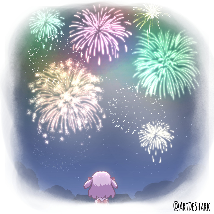 1girl absurdres adesa facing_away fireworks highres magia_record:_mahou_shoujo_madoka_magica_gaiden mahou_shoujo_madoka_magica medium_hair misono_karin night night_sky outdoors purple_hair sky solo star_(sky) starry_sky twitter_username two_side_up