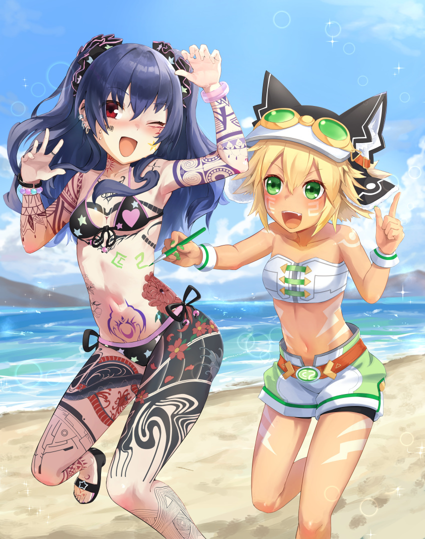 2girls absurdres animal_ears bangle bangs barcode barcode_tattoo beach bikini black_hair blonde_hair blush body_markings bracelet breasts claw_pose cloud commission cyberconnect2 dark-skinned_female dark_skin drawing ear_piercing earrings facial_mark green_eyes green_nails hair_between_eyes hair_ornament hair_scrunchie hat highres holding index_finger_raised jewelry leg_up long_hair midriff multiple_girls nail_polish navel neptune_(series) ocean omeletricetaro3 open_mouth piercing pixiv_commission pubic_tattoo red_eyes running sandals scrunchie short_hair shorts side-tie_bikini_bottom small_breasts smile swimsuit tattoo teeth twintails uni_(neptune_series) upper_teeth_only wrist_cuffs