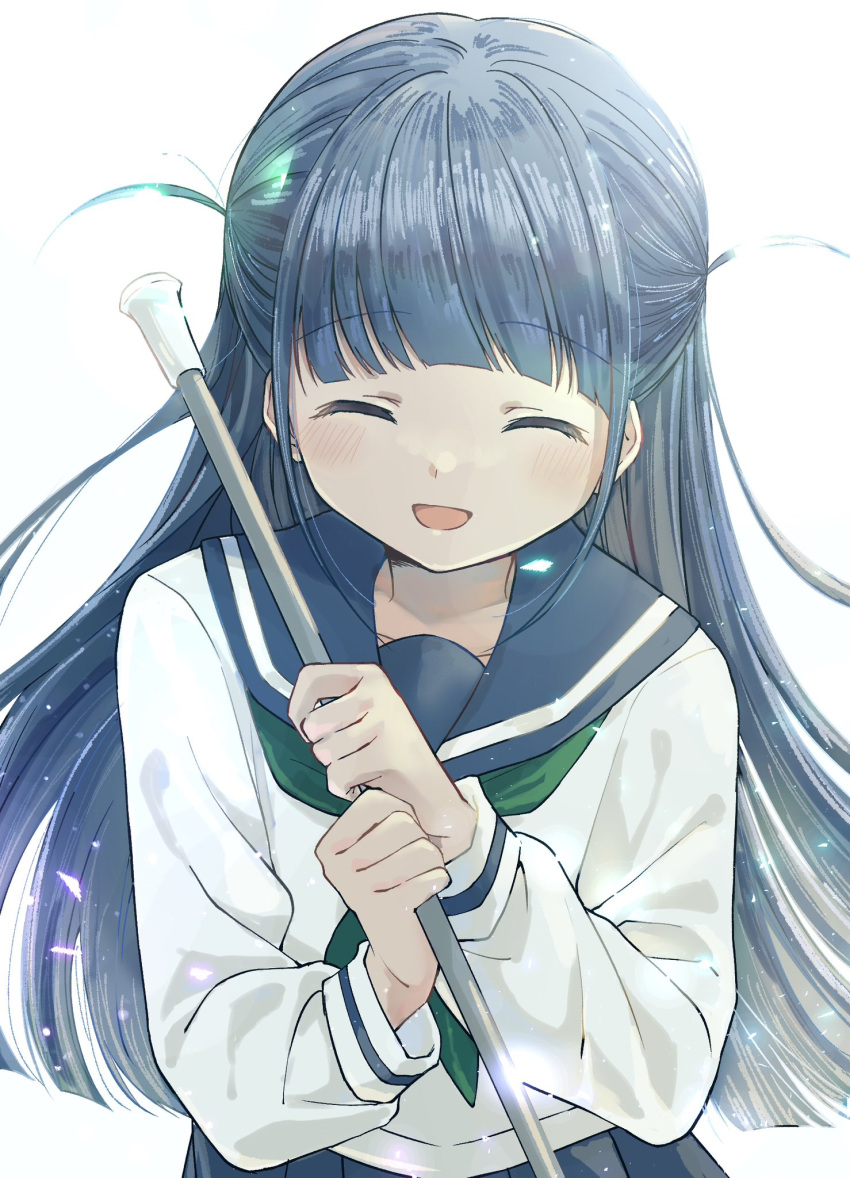 1girl :d ^_^ bangs black_hair blue_sailor_collar blue_skirt blunt_bangs blunt_ends blush closed_eyes facing_viewer green_neckerchief hands_up highres holding light_particles long_hair long_sleeves neckerchief nori_(cheiwbciwkxbdjr) open_mouth pleated_skirt sailor_collar school_uniform serafuku shirt shoujo_kageki_revue_starlight sidelocks simple_background skirt smile solo standing tsuyuzaki_mahiru twirl_baton two_side_up upper_body white_background white_shirt