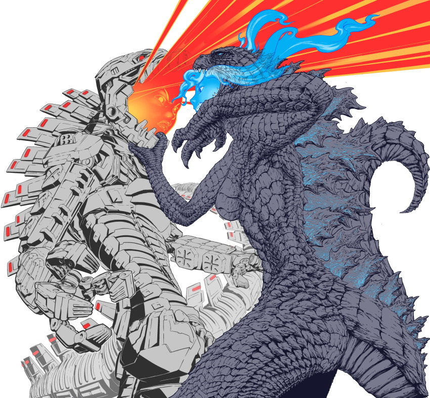 2girls absurdres animal_hands battle blue_eyes blue_fire blue_hair blue_skin breasts claws clenched_teeth colored_sclera colored_skin completely_nude cowboy_shot dandagouglas duel english_commentary fiery_hair fire flaming_head godzilla godzilla_(series) godzilla_vs._kong grey_scales hands_up highres humanoid_robot kaijuu king_kong_(series) lizard_tail looking_at_another mechagodzilla monster_girl monsterverse multiple_girls nude open_mouth orange_eyes orange_skin personification reptile_girl robot scales sharp_teeth simple_background small_breasts spines standing tail teeth white_background