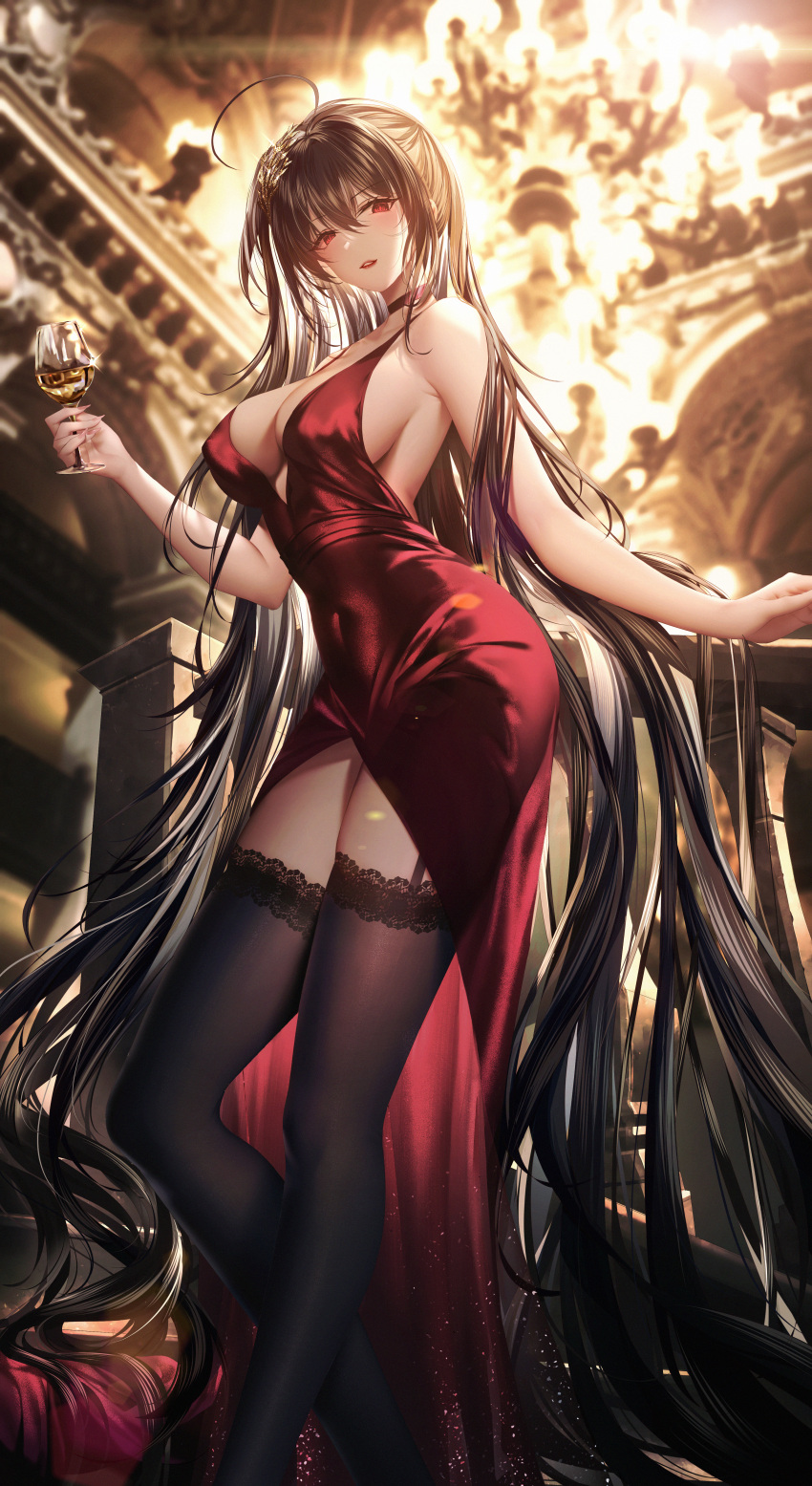 1girl absurdly_long_hair absurdres ahoge azur_lane bangs bare_arms bare_shoulders black_garter_straps black_hair black_thighhighs breasts center_opening covered_navel covered_nipples cup dress drinking_glass evening_gown feet_out_of_frame garter_straps highres holding holding_cup junpaku_karen lace-trimmed_legwear lace_trim large_breasts long_dress long_hair looking_at_viewer parted_lips red_dress red_eyes red_lips sideboob sleeveless sleeveless_dress smile solo standing taihou_(azur_lane) thighhighs very_long_hair wine_glass