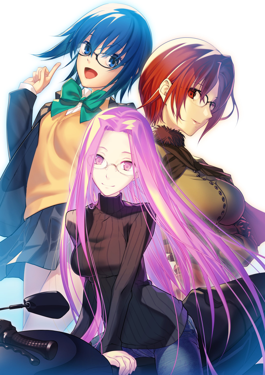 3girls absurdres aikura_chihiro aozaki_touko blue_eyes blue_hair casual ciel_(tsukihime) fate/stay_night fate_(series) forehead glasses ground_vehicle highres long_hair looking_at_viewer mahou_tsukai_no_yoru medusa_(fate) medusa_(rider)_(fate) motor_vehicle motorcycle multiple_girls on_motorcycle purple_eyes purple_hair red_eyes red_hair short_hair sweater tsukihime turtleneck turtleneck_sweater