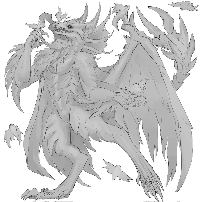 anthro avian biceps biped bird capcom claws clothing dragon fan_character fangs greyscale headless hi_res horn legwear looking_at_another looking_at_viewer male malzeno monochrome monster_hunter muscular muscular_male muscular_thighs pinup pose romantic ryak_sturmtanzer scalie simple_background singing sketch smile solo teeth thigh_highs torso vampire western_dragon wings yellow_claws