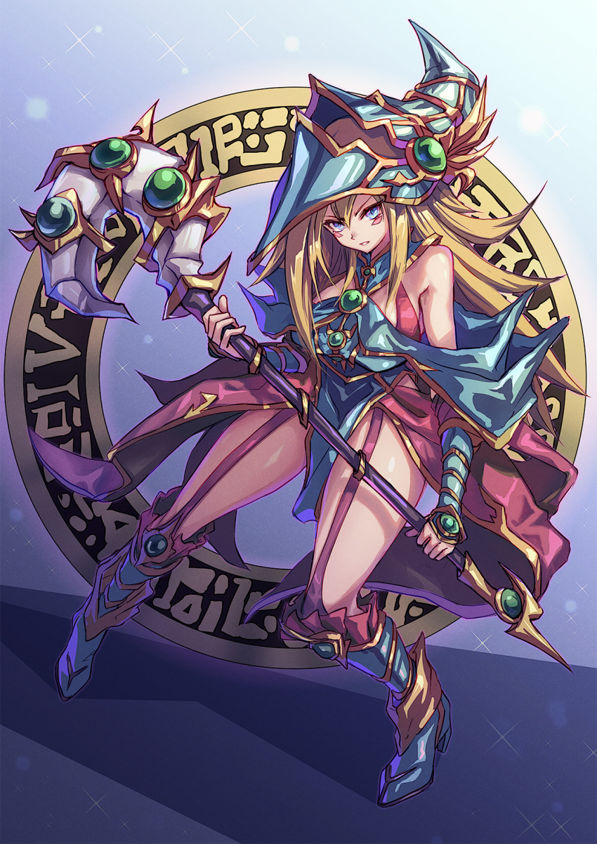 1girl bare_shoulders blue_eyes blush_stickers boots breasts duel_monster fingerless_gloves full_body garter_straps gloves hair_between_eyes hat highres holding holding_staff large_breasts long_hair magician's_valkyria orange_hair parted_lips shouma_(bravespiritya) solo staff yu-gi-oh!