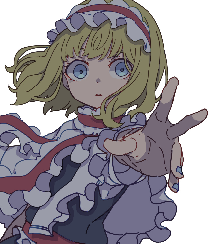 1girl absurdres alice_margatroid blonde_hair blue_dress blue_eyes blue_nails capelet commentary dress fingernails foreshortening hairband highres kame_(kamepan44231) lolita_hairband nail_polish one-hour_drawing_challenge open_mouth reaching_towards_viewer red_hairband short_hair simple_background solo touhou upper_body white_background white_capelet