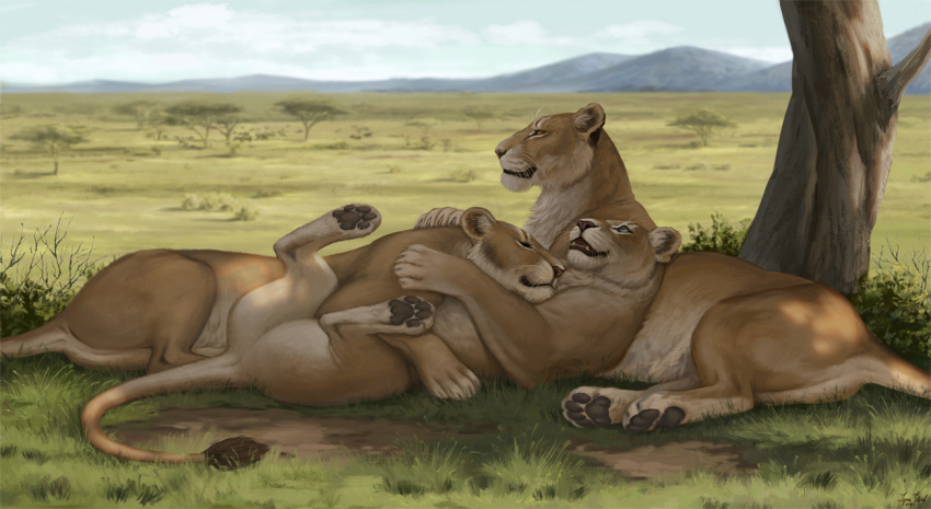 anatomically_correct detailed_background digital_media_(artwork) disney felid female feral group lion mammal nala pantherine reallynxgirl sarabi sarafina savanna the_lion_king trio