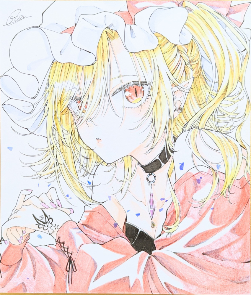 1girl bangs bare_shoulders black_collar breasts cleavage collar flandre_scarlet hand_tattoo hat hat_ribbon highres long_hair long_sleeves looking_at_viewer mob_cap off_shoulder one_side_up own_hands_together parted_lips pointy_ears red_eyes red_ribbon red_shirt ribbon shikishi shirt signature simple_background slit_pupils solo souta_(karasu_no_ouchi) tattoo touhou traditional_media upper_body white_background white_headwear