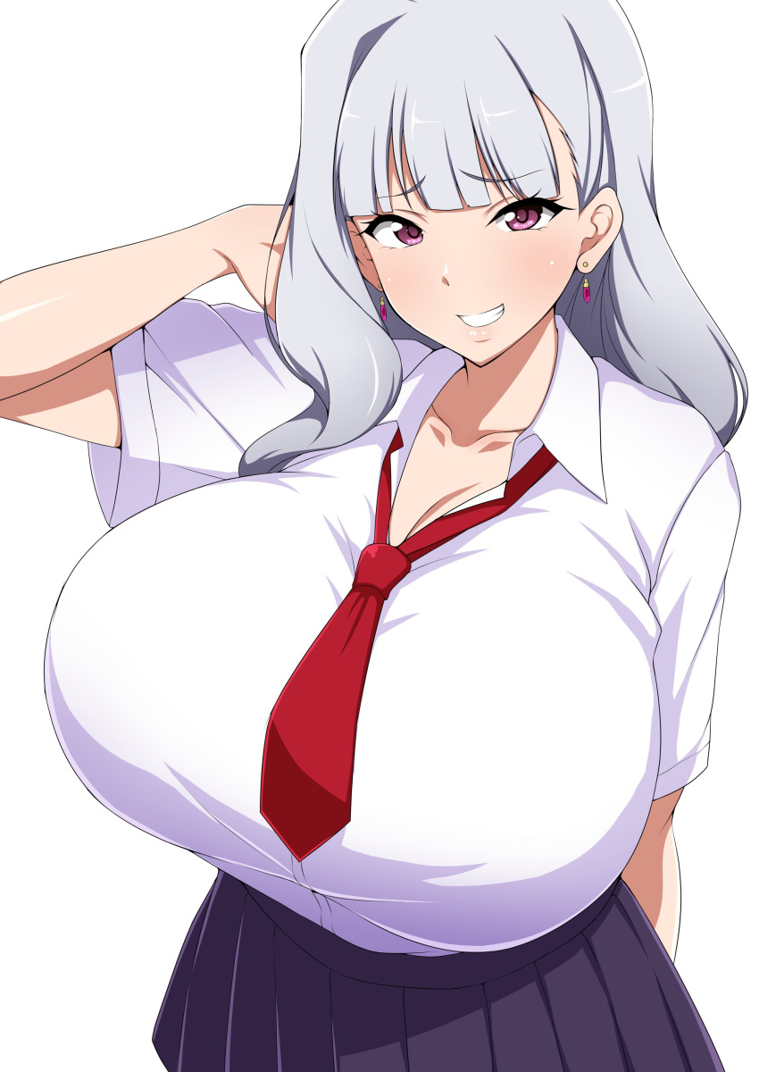 1girl absurdres bangs blush breasts cleavage collarbone grey_hair grin highres huge_breasts idolmaster idolmaster_(classic) jabara_tornado long_hair looking_at_viewer purple_eyes shijou_takane smile solo