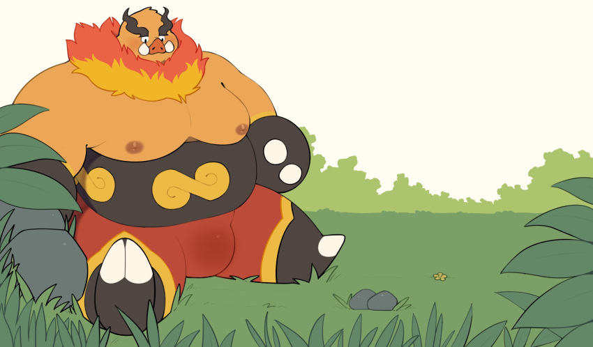 2023 anthro belly big_belly blush detailed_background emboar generation_5_pokemon haoming hi_res kemono male moobs nintendo nipples orange_body outside overweight overweight_male pokemon pokemon_(species) sitting solo