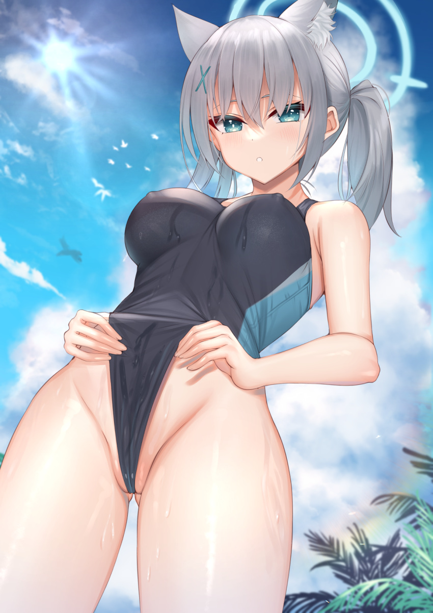 1girl animal_ear_fluff animal_ears bangs black_one-piece_swimsuit blue_archive blue_eyes blue_one-piece_swimsuit blue_sky blush clothes_lift clothes_pull cloud cloudy_sky competition_swimsuit covered_nipples cross cross_hair_ornament day extra_ears from_below grey_hair hair_ornament halo highleg highleg_swimsuit highres inverted_cross kanikou lifted_by_self looking_at_viewer looking_down mismatched_pupils multicolored_clothes multicolored_swimsuit one-piece_swimsuit one-piece_swimsuit_pull open_mouth outdoors partially_visible_vulva ponytail shiroko_(blue_archive) shiroko_(swimsuit)_(blue_archive) sky solo standing swimsuit swimsuit_lift two-tone_swimsuit wet