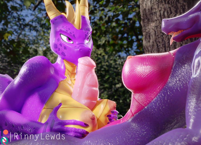 3d_(artwork) activision anthro anthrofied areola blender_(software) breast_play breasts crossgender cynder digital_media_(artwork) dragon gynomorph gynomorph/gynomorph hi_res intersex intersex/intersex nipples non-mammal_breasts non-mammal_nipples nude oral purple_body purple_eyes purple_scales rinny scales sex spyro spyro_the_dragon titfuck tongue tongue_out yellow_body yellow_scales