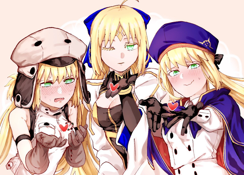 1girl @_@ ahoge artoria_caster_(fate) artoria_caster_(first_ascension)_(fate) artoria_caster_(second_ascension)_(fate) artoria_caster_(third_ascension)_(fate) artoria_pendragon_(fate) bare_shoulders beret black_bow black_gloves blonde_hair blue_bow blue_cloak blue_headwear blush bow bracelet breasts brown_gloves buttons cloak closed_mouth collared_shirt dress elbow_gloves fate/grand_order fate_(series) fur_hat gloves green_eyes hair_bow hat heart jewelry kirikirisamurai kiss long_hair long_sleeves multicolored_clothes multicolored_dress one_eye_closed open_mouth ornament packet purple_bow rhombus shirt skirt small_breasts smile twintails ushanka very_long_hair vest white_background white_headwear white_shirt white_skirt white_vest