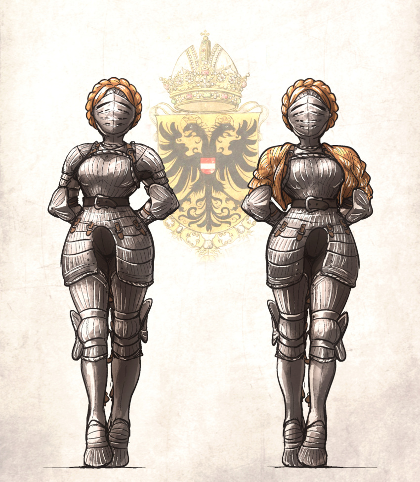 2girls alternate_universe armor arms_behind_back atomic_heart blonde_hair boobplate braid commentary crest crown_braid cuisses english_commentary full_armor gold_jacket highres ironlily knight left_(atomic_heart) medieval multiple_girls plate_armor right_(atomic_heart) short_hair siblings sisters twins