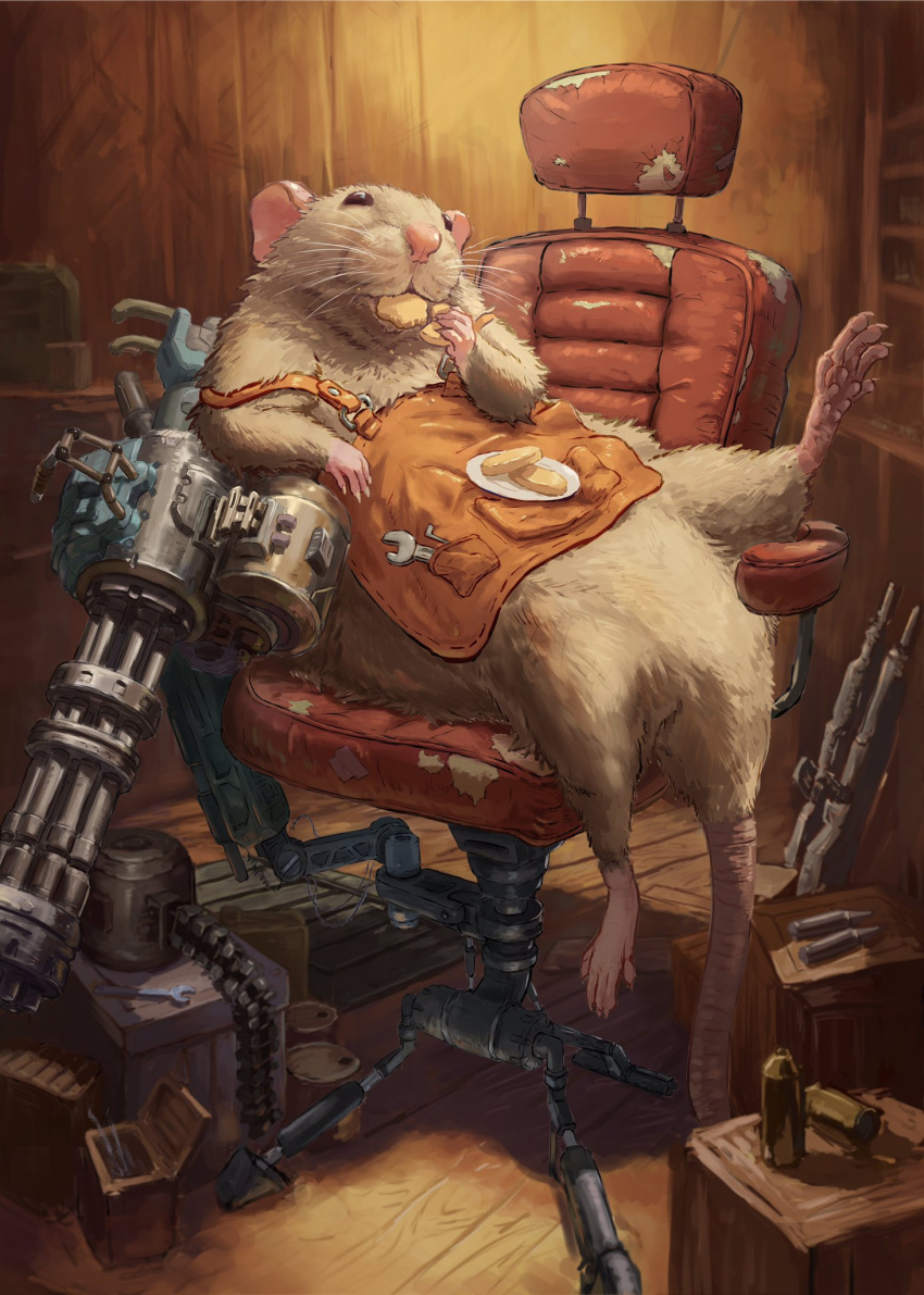 2023 anthro biped chair detailed_background eating feet food furniture hi_res mammal murid murine nejumipro rat rodent sitting solo weapon