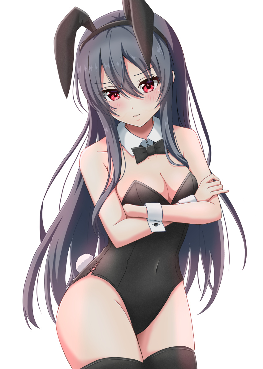1girl absurdres animal_ears bangs black_bow black_bowtie black_hair black_hairband black_leotard black_thighhighs blush bow bowtie breasts cinderella_series cleavage closed_mouth collarbone commentary_request covered_navel cowboy_shot crossed_arms detached_collar fake_animal_ears fake_tail hachigatsu_no_cinderella_nine hair_between_eyes hairband highres leotard long_hair medium_breasts playboy_bunny rabbit_ears rabbit_tail red_eyes shinonome_ryo shinshiro simple_background solo standing tail thighhighs very_long_hair white_background wrist_cuffs