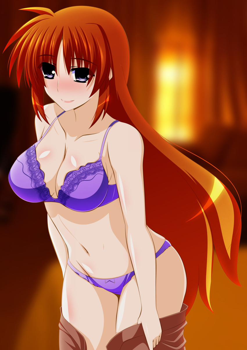 1girl blue_eyes blush bra breasts brown_hair cleavage closed_mouth engo_(aquawatery) highres indoors large_breasts lingerie long_hair looking_at_viewer lyrical_nanoha mahou_shoujo_lyrical_nanoha_strikers navel panties purple_bra purple_panties shiny_skin smile solo takamachi_nanoha tsab_ground_military_uniform underwear