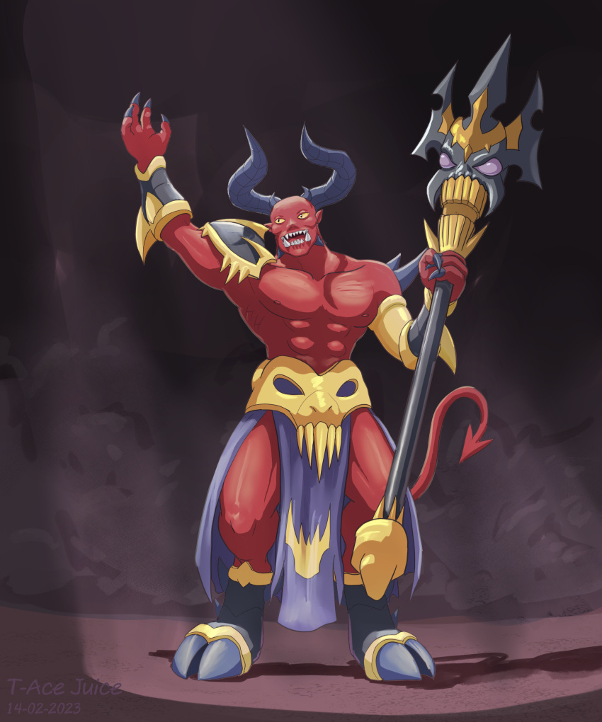 2023 absurd_res armor barbatos_rex big_horn blue_claws bottomwear claws clothing demon demon_humanoid digital_media_(artwork) hi_res hooves horn humanoid loincloth looking_up male monster monster_legends muscular muscular_male nipples open_mouth red_body scepter solo spade_tail t-ace_juice teeth yellow_eyes