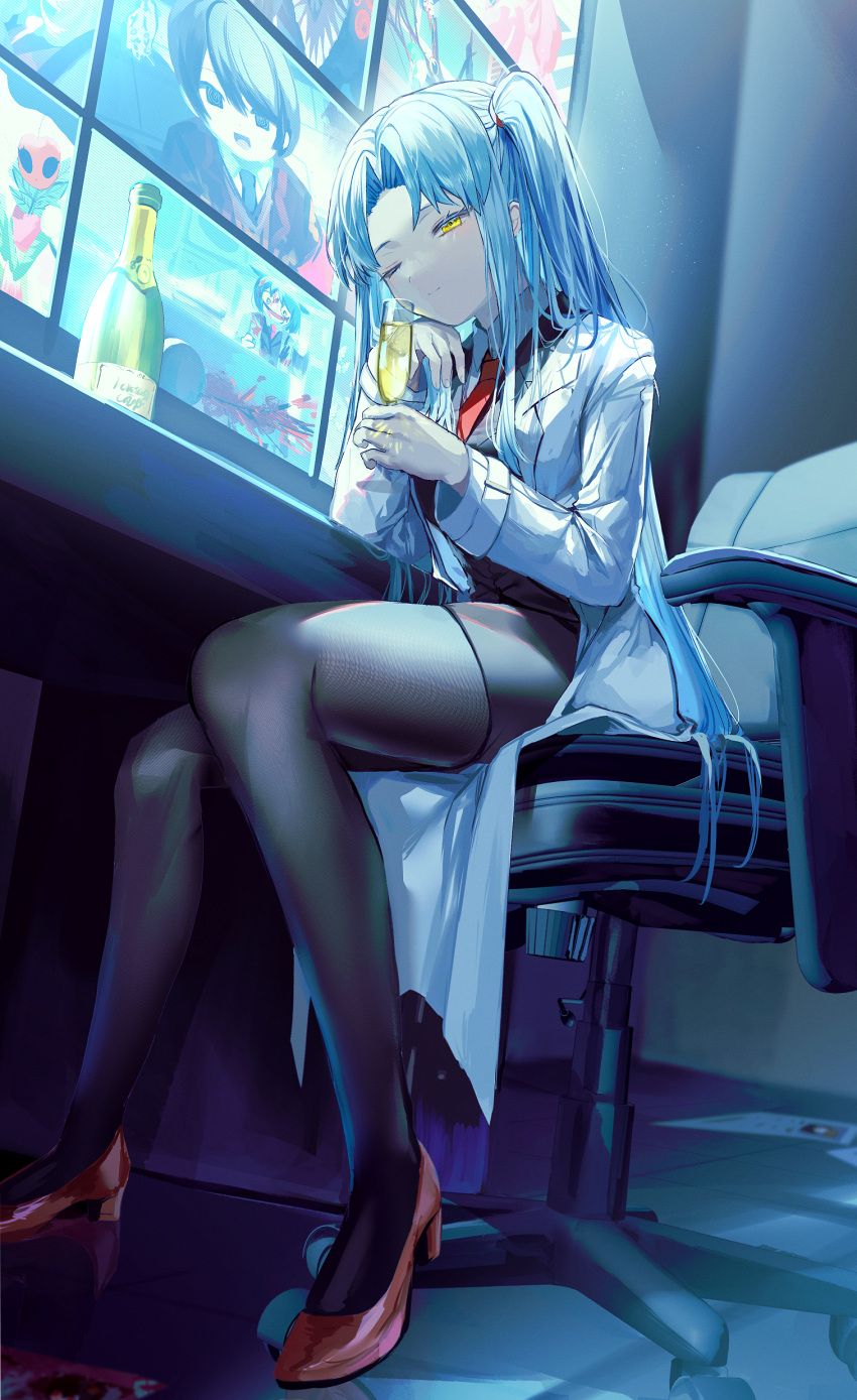 1girl absurdres alcohol angela_(project_moon) black_pantyhose blood blood_splatter blue_hair chair champagne champagne_bottle champagne_flute character_request closed_mouth coat collared_shirt cup drinking_glass highres holding labcoat light_blue_hair lobotomy_corporation long_hair long_sleeves necktie office_chair on_chair pantyhose ponytail project_moon red_footwear red_necktie screen shirt side_ponytail skirt solo swivel_chair thighs tile_floor tiles white_shirt y_o_u_k_a yellow_eyes