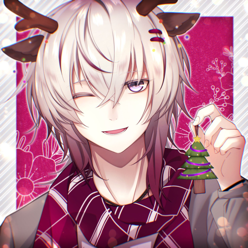 1boy animal_ears antlers border christmas_ornaments christmas_tree collar_x_malice deer_ears grey_hair highres jewelry looking_at_viewer male_focus multicolored_hair necklace okazaki_kei one_eye_closed open_mouth purple_eyes red_background red_hair red_scarf reindeer_antlers reindeer_boy scarf short_hair smile solo striped striped_scarf tiboom white_border white_hair white_scarf