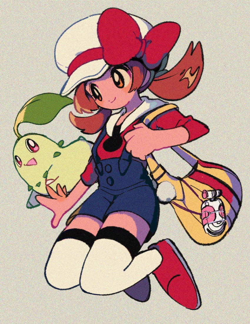 1girl blue_overalls blush bow brown_eyes brown_hair cabbie_hat chikorita closed_mouth commentary_request grey_background hat hat_bow highres holding_strap long_hair looking_down lyra_(pokemon) ok_ko19 overalls pokegear pokemon pokemon_(game) pokemon_hgss red_bow red_footwear red_shirt shirt shoes sleeves_past_elbows smile thighhighs twintails white_headwear yellow_bag