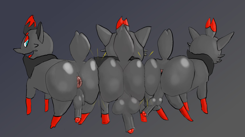 balls butt feral fur generation_5_pokemon genitals grey_body grey_fur group male nintendo notassharpasabean penis pokemon pokemon_(species) simple_background tail trio zorua