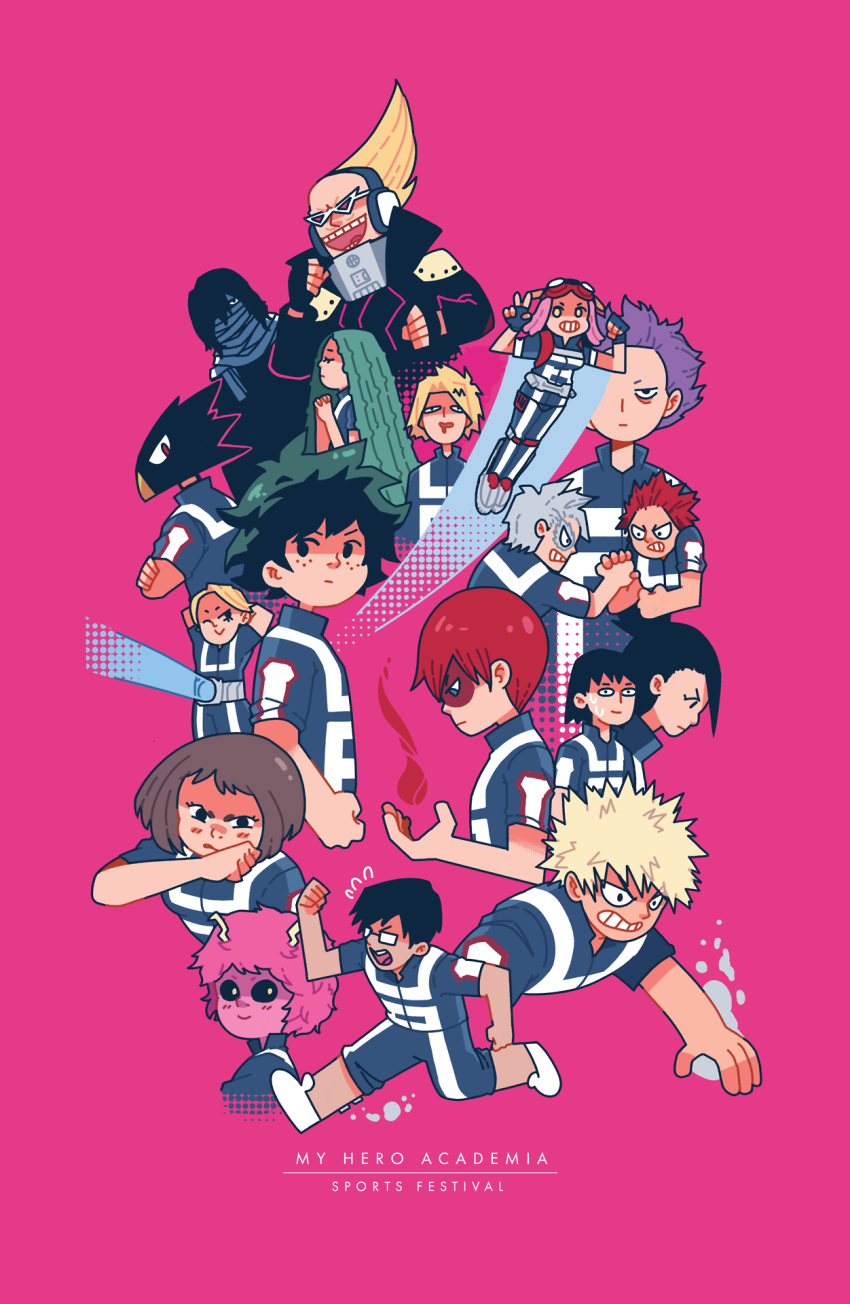 5girls 6+boys animal_head aoyama_yuuga arm_wrestling arms_behind_head ashido_mina bags_under_eyes bakugou_katsuki beak bird_boy black_eyes black_hair black_sclera blonde_hair blue_jacket blue_pants boku_no_hero_academia brown_hair burn_scar byronb clenched_hands closed_mouth colored_sclera colored_skin commentary crossed_arms english_commentary english_text eraser_head_(boku_no_hero_academia) fire freckles glasses green_hair grey_hair gym_uniform hatsume_mei highres horns iida_tenya interlocked_fingers jacket kaminari_denki kirishima_eijirou long_hair looking_at_viewer midoriya_izuku multiple_boys multiple_girls open_mouth own_hands_clasped own_hands_together pants pink_background pink_hair pink_skin ponytail present_mic purple_hair red_eyes red_hair running scar scar_on_face scarf sero_hanta shinsou_hitoshi shiozaki_ibara short_hair simple_background smile spiked_hair tetsutetsu_tetsutetsu todoroki_shouto tokoyami_fumikage u.a._gym_uniform uraraka_ochako white_footwear yaoyorozu_momo yellow_eyes