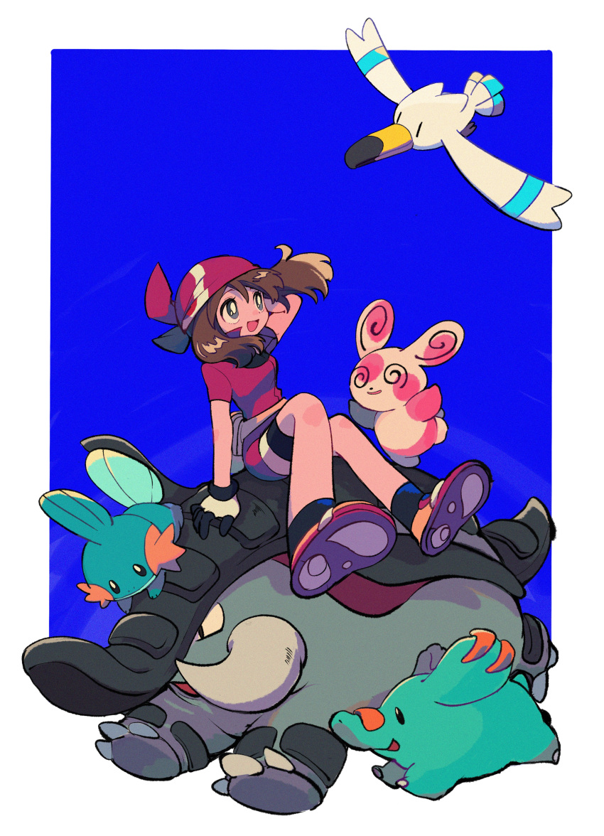 1girl :d absurdres arm_support bandana bangs bike_shorts black_socks blue_background border bright_pupils brown_hair commentary_request donphan gloves highres looking_up may_(pokemon) mudkip ok_ko19 open_mouth phanpy pokemon pokemon_(creature) pokemon_(game) pokemon_rse red_bandana red_shirt shirt shoes short_sleeves sitting skirt smile socks spinda white_border white_gloves white_pupils white_skirt wingull