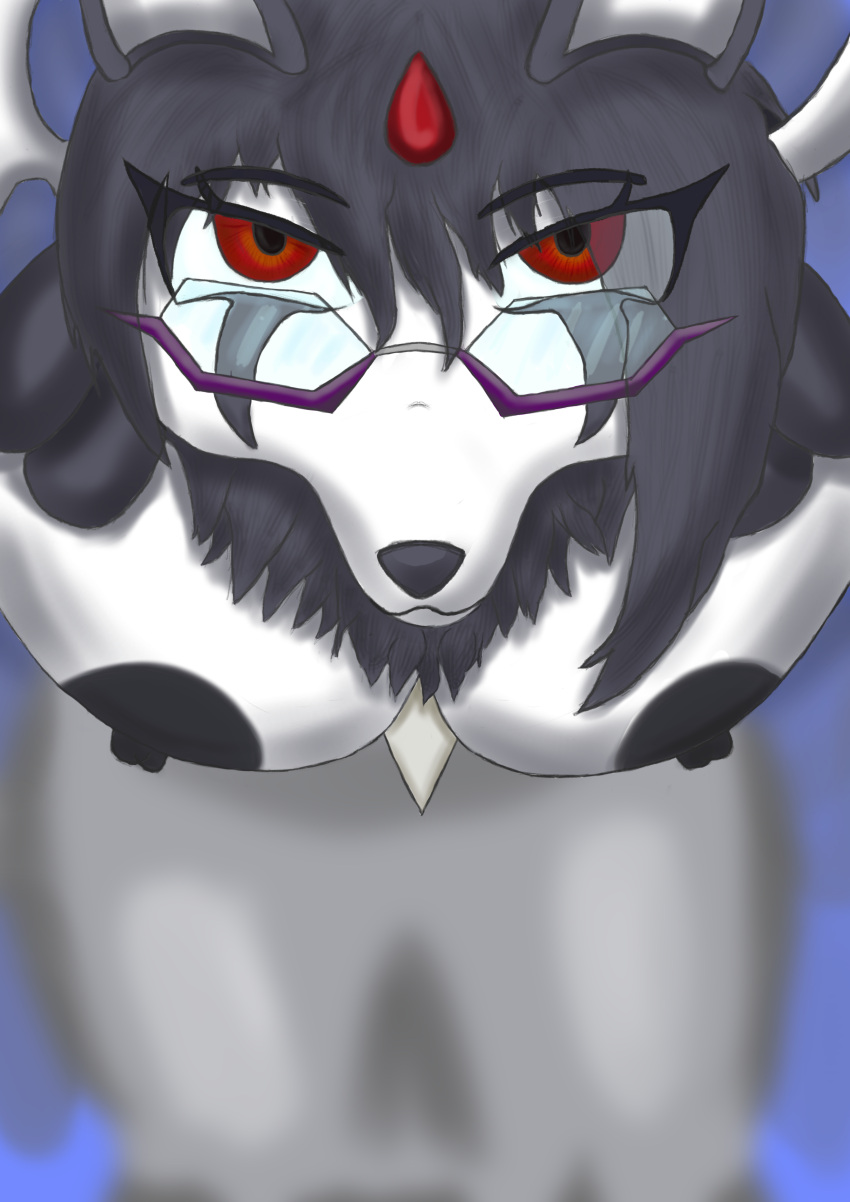 absol absurd_res amaya_nizui anthro areola big_areola breasts depth_of_field eyewear female generation_3_pokemon generation_4_pokemon glasses hi_res hybrid_pokemon looking_at_viewer looking_up lucario nintendo nipples pokemon pokemon_(species) red_eyes solo zero3delta