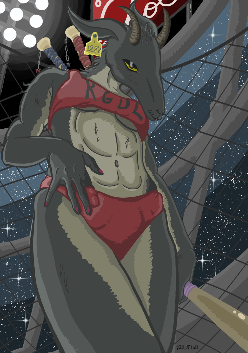 abs absurd_res anthro baseball_(disambiguation) baseball_bat bat_(object) bovid breasts caprine cleavage_cutout clothing colored_nails crop_top darkbuckforest ear_tag epic_games eyeliner female fortnite goat goat_simulator hi_res horn humanoid makeup mammal muscular nails perspective public public_nudity shirt solo stadium stadium_lighting topwear underwear