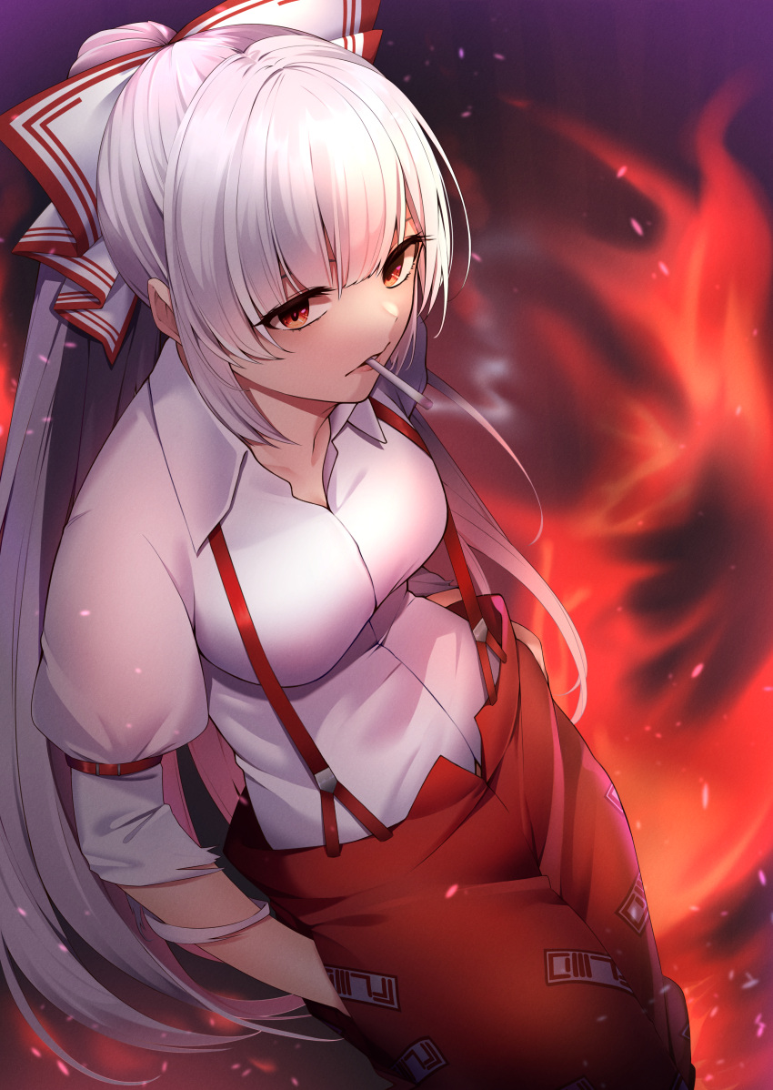 1girl absurdres bad_anatomy bad_arm bow cigarette collared_shirt fire flame from_above fujiwara_no_mokou hair_bow hands_in_pockets highres keenii_(kenny86) long_hair midriff_peek pants partially_unbuttoned red_eyes red_pants shirt sleeve_garter smoking solo suspenders torn_clothes torn_sleeves touhou white_bow white_hair white_shirt