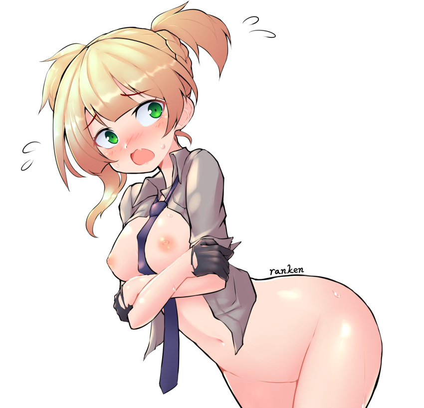 1girl arms_under_breasts ass between_breasts black_gloves black_necktie blonde_hair blush bottomless breasts collared_shirt commentary cowboy_shot crossed_arms embarrassed girls'_frontline gloves green_eyes highres looking_at_viewer medium_breasts navel necktie necktie_between_breasts nipples open_clothes open_mouth open_shirt ranken shirt short_hair solo sweat twintails welrod_mkii_(girls'_frontline) white_background