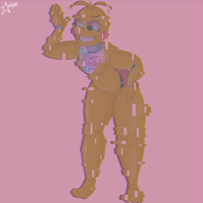 absurd_res animatronic anthro avian beak bird chicken cosmosarts female five_nights_at_freddy's five_nights_at_freddy's_2 galliform gallus_(genus) glitch hand_on_hip hi_res machine phasianid pizza_slice robot scottgames solo toy_chica_(fnaf) yellow_body