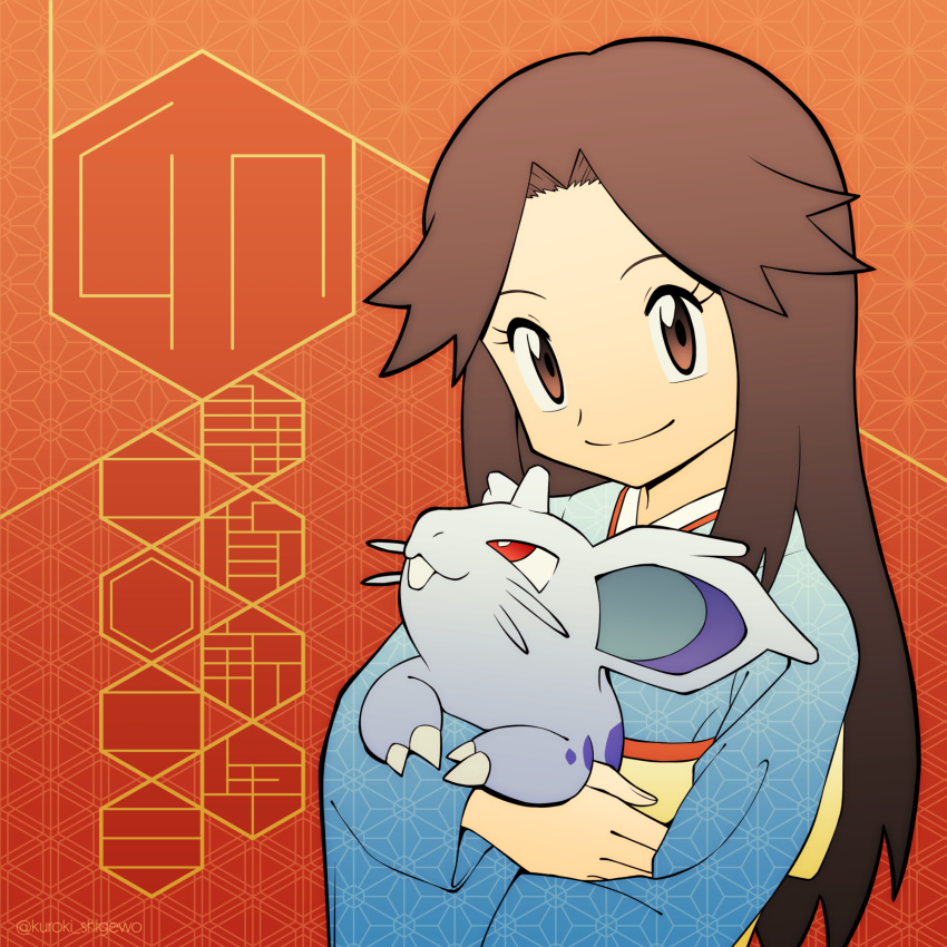 1girl asa_no_ha_(pattern) blue_kimono brown_eyes brown_hair chinese_zodiac closed_mouth hair_flaps hair_intakes happy_new_year highres holding holding_pokemon honeycomb_(pattern) japanese_clothes kimono kuroki_shigewo leaf_(pokemon) long_hair looking_up nidoran nidoran_(female) pokemon pokemon_(creature) pokemon_(game) pokemon_frlg print_kimono red_eyes smile year_of_the_rabbit