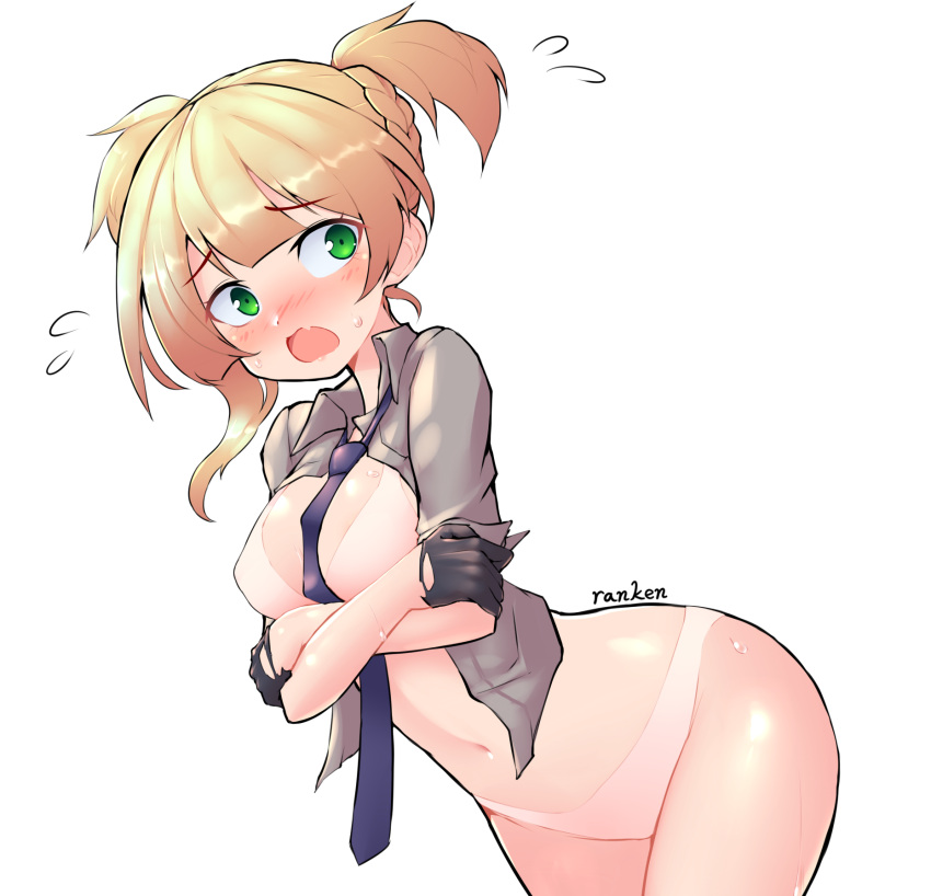 1girl arms_under_breasts ass between_breasts black_gloves black_necktie blonde_hair blush bra breasts collared_shirt commentary cowboy_shot crossed_arms embarrassed girls'_frontline gloves green_eyes highres looking_at_viewer medium_breasts navel necktie necktie_between_breasts no_pants open_clothes open_mouth open_shirt panties ranken shirt short_hair solo sweat twintails underwear welrod_mkii_(girls'_frontline) white_background white_bra white_panties