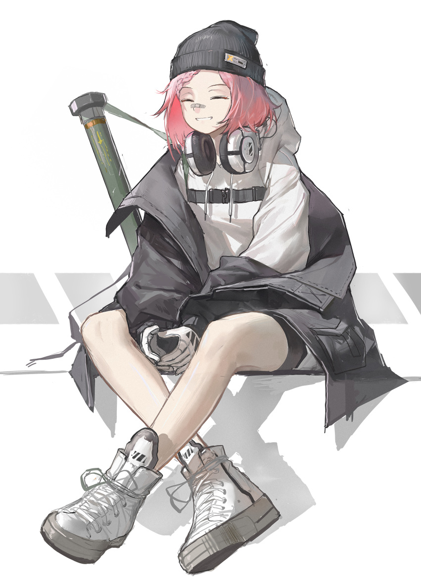 1girl absurdres bandaid bandaid_on_face bandaid_on_nose beanie bike_shorts black_jacket closed_eyes commentary countryman_(artist) crossed_ankles full_body girls'_frontline gloves grin hat headphones headphones_around_neck highres hood hood_down jacket mk_153_(girls'_frontline) off_shoulder pink_hair rocket_launcher shoes simple_background sitting smile sneakers solo weapon white_gloves white_hood