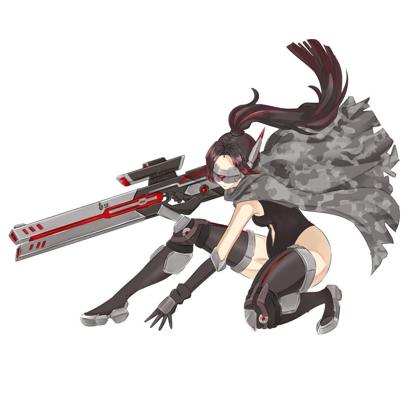 1girl absurdres armored_boots black_footwear black_gloves black_hair black_leotard boots breasts camouflage_cloak commentary elbow_gloves energy_gun expressionless floating_hair full_body girls'_frontline gloves gun head-mounted_display highres holding holding_gun holding_weapon jaeger_(girls'_frontline) jaeger_swap_(girls'_frontline) leotard long_hair medium_breasts multicolored_hair mutugorou_u ponytail pose_request red_hair revealing_clothes rifle robot_ears sangvis_ferri science_fiction scope sniper_rifle solo squatting streaked_hair thigh_boots trigger_discipline weapon