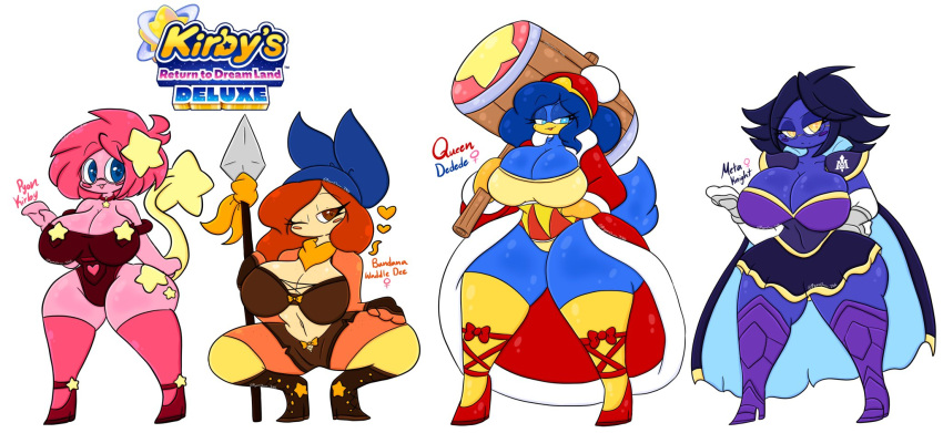 &lt;3 anthro avian bandana_waddle_dee bandanna big_breasts bird blue_body blue_eyes blue_hair boots bottomwear bra breasts cape cleavage clothed clothing crossgender crouching dress english_text eyewear female footwear glasses group hair half-closed_eyes hi_res high_heeled_boots high_heels huge_breasts huge_hips huge_thighs humanoid kerchief king_dedede kirby kirby_(series) legwear leotard lewdchuu_(artist) looking_at_viewer melee_weapon meta_knight mtf_crossgender multicolored_body narrowed_eyes nintendo one_eye_closed orange_hair overalls penguin pink_body pink_hair polearm pyon_(lewdchuu) robe shorts shoulder_pads spear text thick_thighs thigh_highs two_tone_body underwear waddle_dee weapon wide_hips wink yellow_eyes