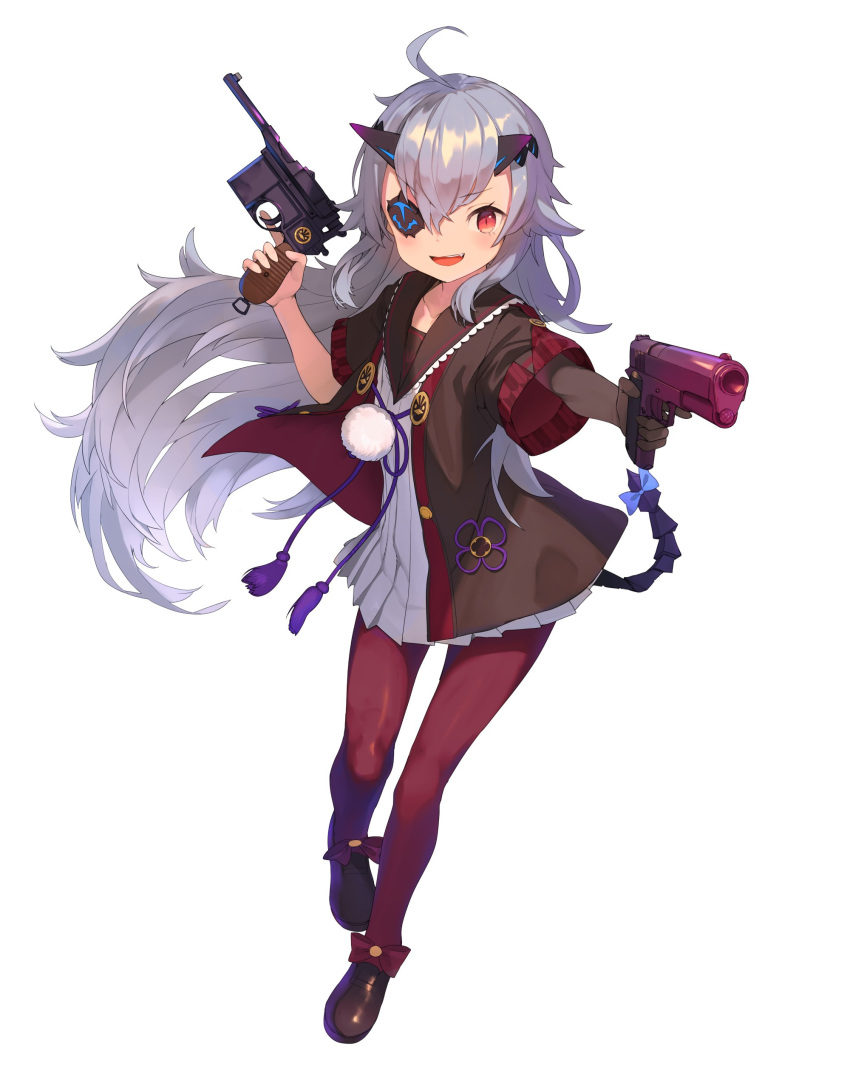1girl absurdres ahoge bangs black_dress black_sailor_collar blue_bow bow brown_footwear brown_gloves brown_jacket dress elbow_gloves eyepatch fang flower_knot footwear_bow frilled_sailor_collar frills full_body gloves grey_hair gun hair_between_eyes hand_up handgun highres holding holding_gun holding_weapon horns indie_virtual_youtuber jacket loafers long_hair m1911 mauser_c96 multicolored_clothes multicolored_dress ojiki-chan one_eye_covered open_clothes open_jacket open_mouth outstretched_arm pantyhose pleated_dress pom_pom_(clothes) red_bow red_eyes red_pantyhose sailor_collar shindou_kamichi shoes short_dress short_sleeves simple_background single_elbow_glove solo tail tail_bow tail_ornament tassel teeth upper_teeth_only weapon white_background white_dress