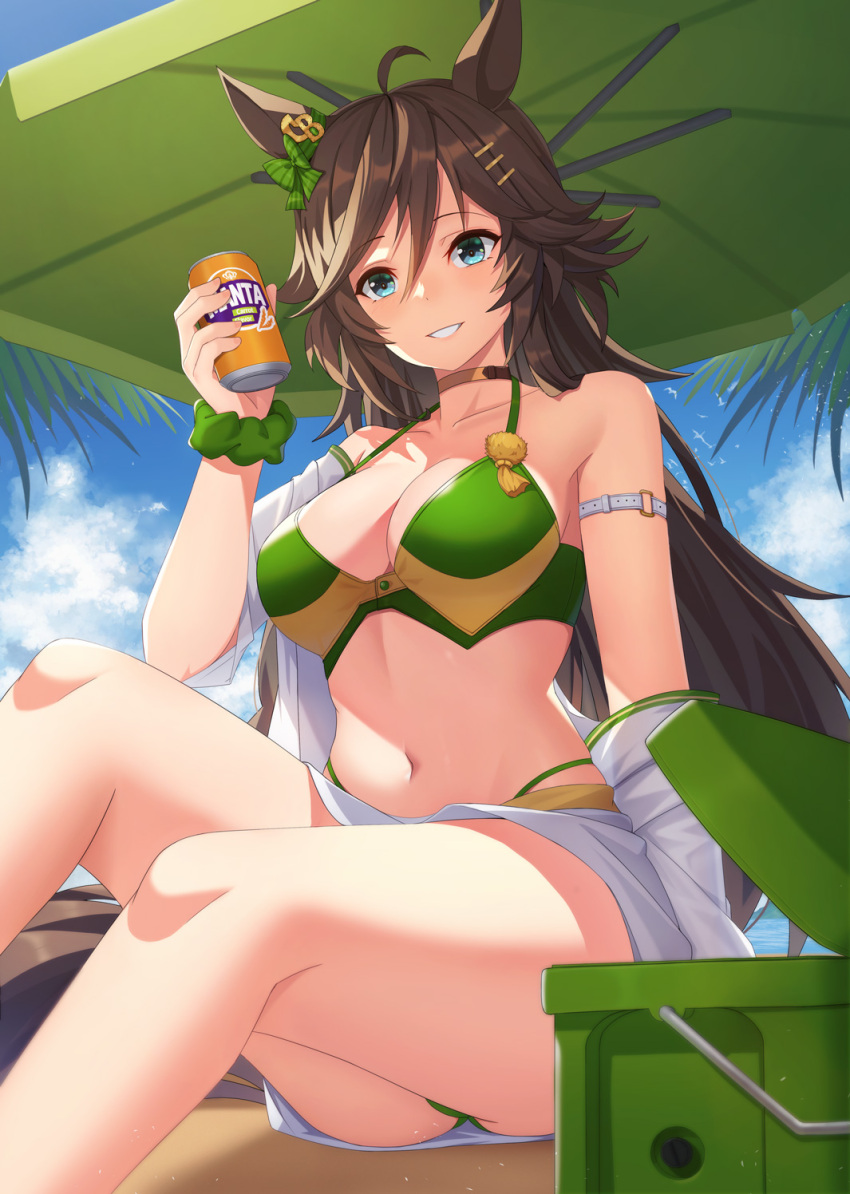 1girl adapted_costume ahoge alternate_costume animal_ears arm_strap bad_id bad_twitter_id bikini blue_eyes brand_name_imitation breasts brown_hair can ear_ornament fanta green_bikini hair_between_eyes highres holding holding_can horse_ears horse_girl jacket jacket_partially_removed large_breasts long_hair looking_at_viewer midriff mr._c.b._(umamusume) navel on_ground sand sitting smile solo swimsuit teeth umamusume umbrella very_long_hair vococo white_jacket