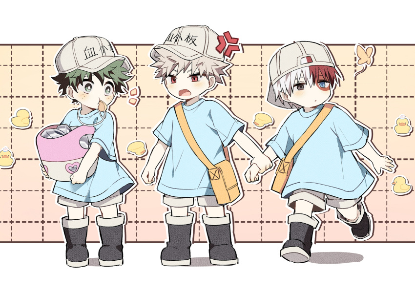 3boys :o aged_down anger_vein annoyed arm_at_side backwards_hat bag bakugou_katsuki bangs baseball_cap basket blonde_hair blue_eyes blue_shirt blush boku_no_hero_academia boots bright_pupils bug burn_scar butterfly coi_mha commentary distracted dotted_line drop_shadow eye_contact film_grain freckles full_body gradient_background green_eyes green_hair grey_eyes grey_shorts grid_background hair_between_eyes hat headwear_writing heart heterochromia highres holding holding_another's_arm holding_basket kindergarten_bag kindergarten_uniform lineup long_sleeves looking_at_animal looking_at_another looking_to_the_side male_child male_focus midoriya_izuku mouth_hold multicolored_hair multiple_boys no_nose notice_lines open_mouth outline outside_border parted_lips pigeon-toed red_eyes red_hair rubber_duck scar scar_on_face shadow shirt short_hair short_sleeves shorts shoulder_bag spiked_hair split-color_hair standing straight_hair todoroki_shouto turning_head two-tone_footwear two-tone_hair v-shaped_eyebrows walking whistle whistle_around_neck white_hair white_outline white_pupils yellow_bag