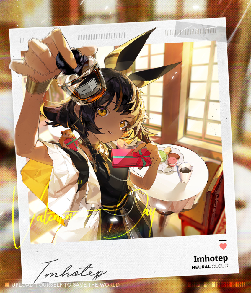 1girl animal_ears artist_request black_dress box bracelet brown_hair character_name copyright_name cowboy_shot dark-skinned_female dark_skin dress food gift gift_box girls'_frontline girls'_frontline_neural_cloud highres holding holding_gift imhotep_(girls'_frontline_nc) indoors jacket jewelry long_hair looking_at_viewer macaron mole mole_under_eye official_art polaroid short_sleeves smile solo valentine white_jacket window yellow_eyes