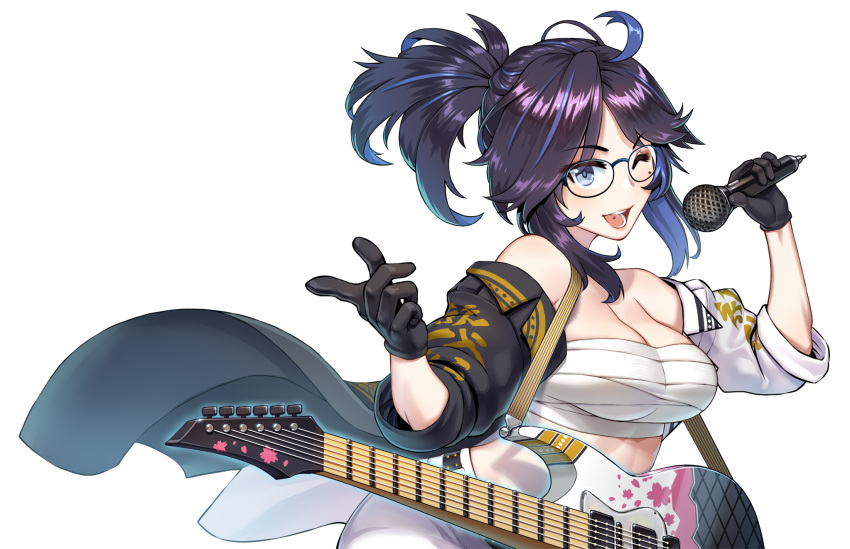1girl ;d agustinus ahoge bandages bandeau bare_shoulders black_gloves blue_eyes blue_hair breasts chest_sarashi cleavage commentary electric_guitar glasses gloves guitar hand_up highres holding holding_microphone indie_virtual_youtuber instrument jacket kson large_breasts long_hair looking_at_viewer microphone midriff mole mole_under_eye multicolored_hair off_shoulder one_eye_closed open_clothes open_jacket open_mouth pants ponytail purple_hair sarashi short_sleeves simple_background smile solo strapless tube_top white_background white_pants